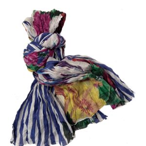 Krinkel sjaal van katoen, blauw gestreept met bloemen