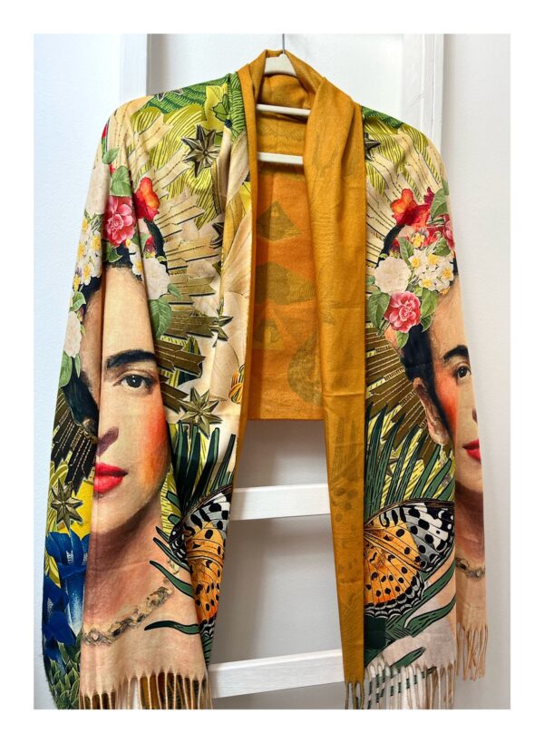 Dubbelzijdige Frida Kahlo stola shawl met geel