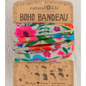 Zand kleurige Boho bandeau haarshawl met gekleurde bloemen