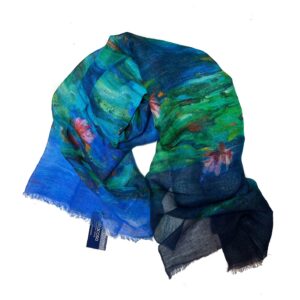 Blauwe Otracosa kunst sjaal van katoen met linnen, Monet waterlelies