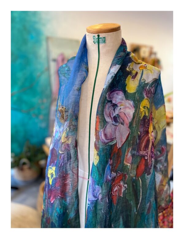 Blauwe kunst sjaal van katoen met linnen, Monet irissen