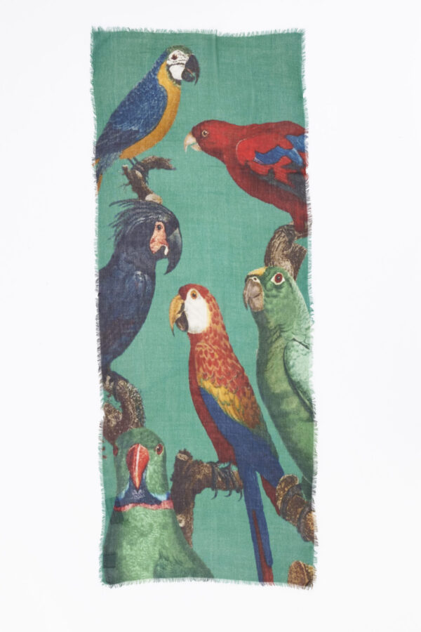 Groene shawl van zachte wol met vogels