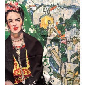 Dubbelzijdige kunst sjaal van satijn met frida Kahlo