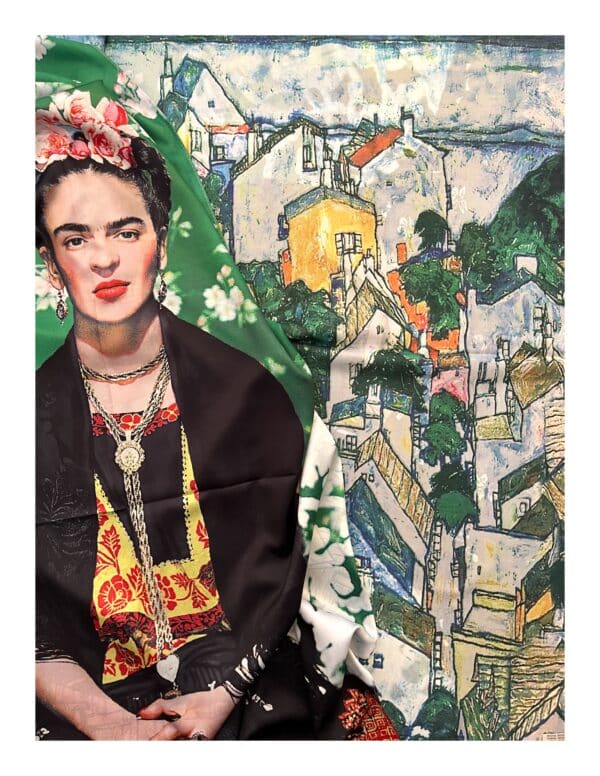 Dubbelzijdige kunst sjaal van satijn met frida Kahlo