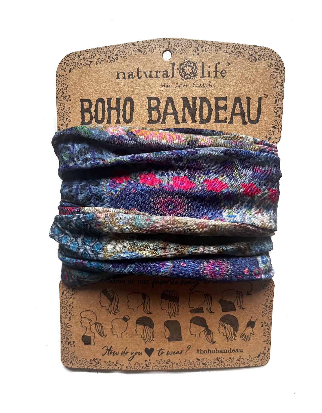 Blauwe Boho Bandeau haarband en sjaaltje in patchwork stijl