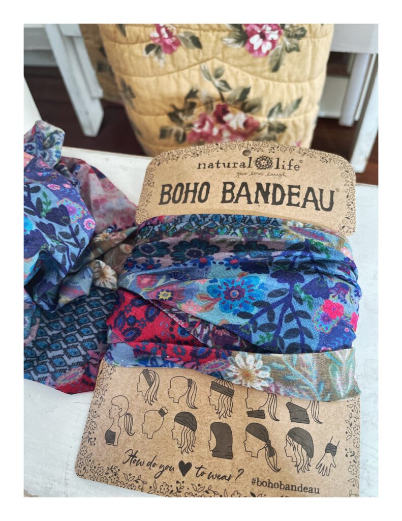 Blauwe Boho Bandeau haarband en sjaaltje in patchwork stijl