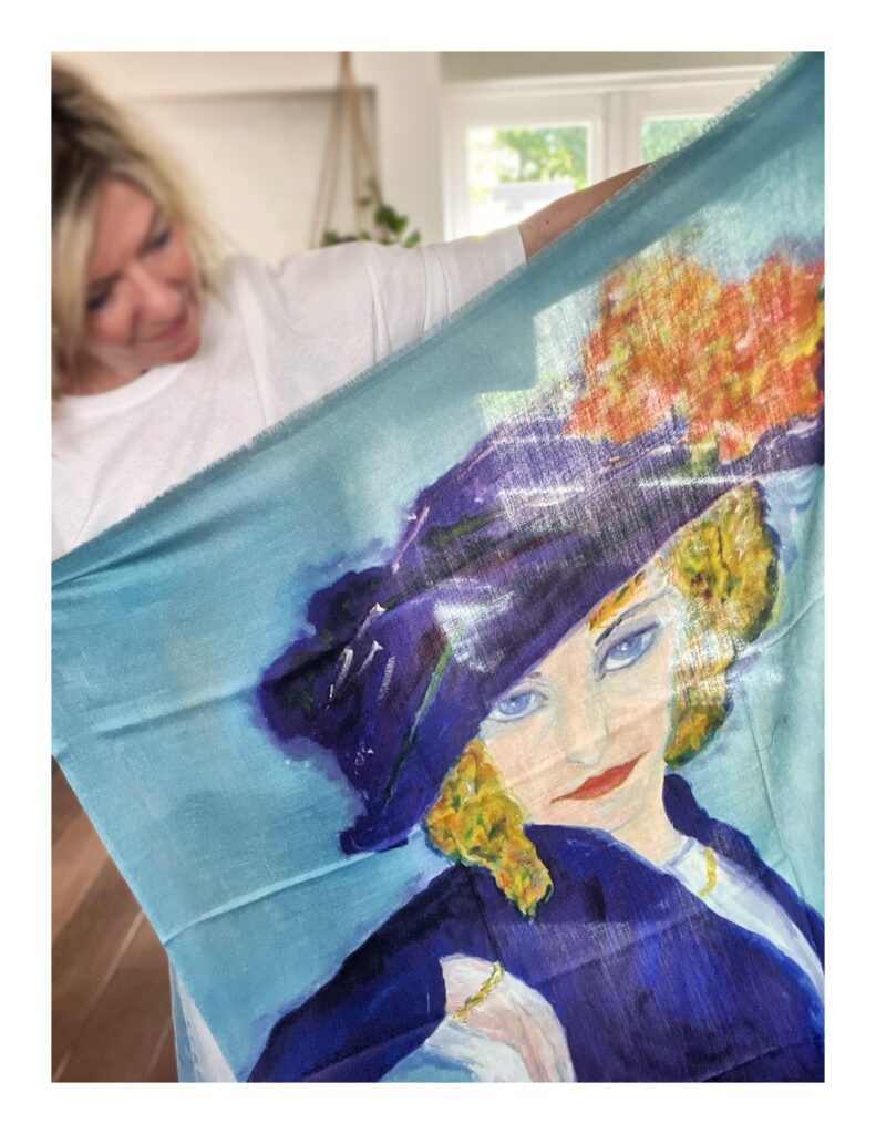 Blauwe art shawl wol en zijde "vrouwenportret" naar Leo Gestel