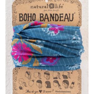 Brede blauwe haarshawl met roze bloemen