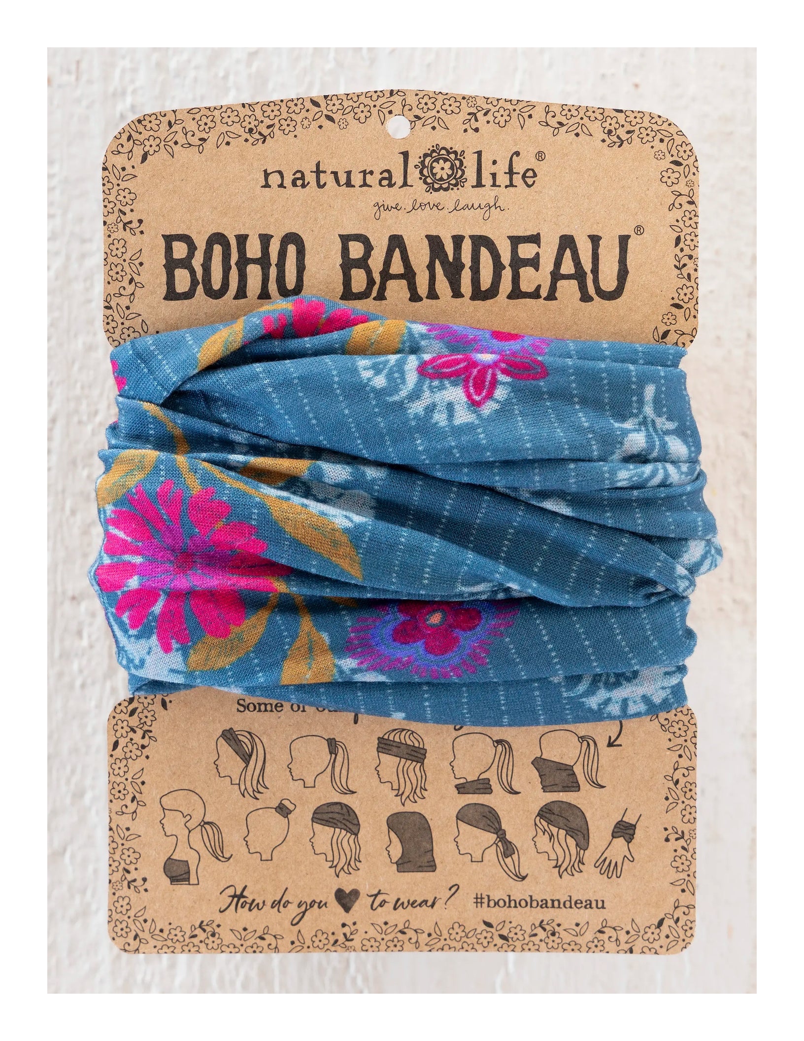 Brede blauwe haarshawl met roze bloemen