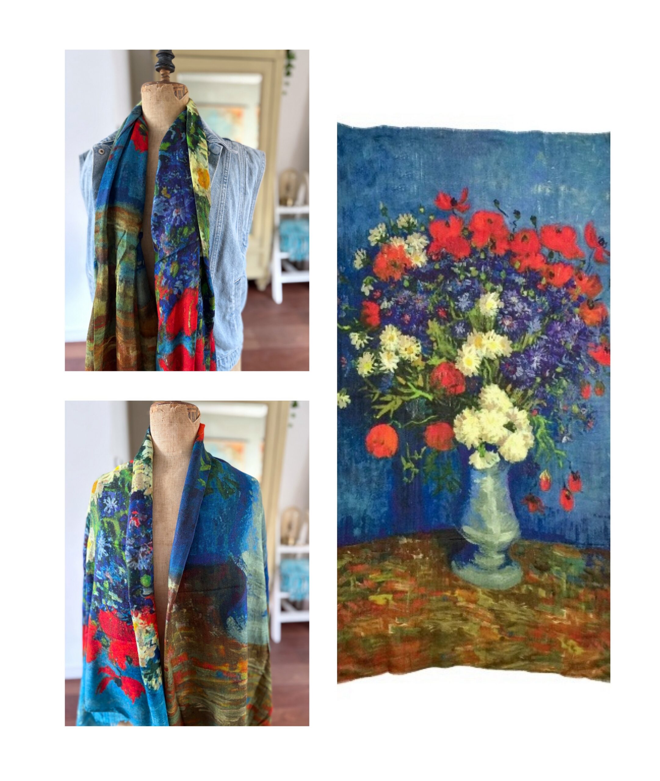 Wollen art sjaal Van Gogh blauw - bloemenstilleven met klaprozen