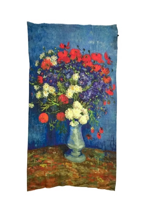 Wol met zijde art sjaal Van Gogh blauw - bloemenstilleven met klaprozen