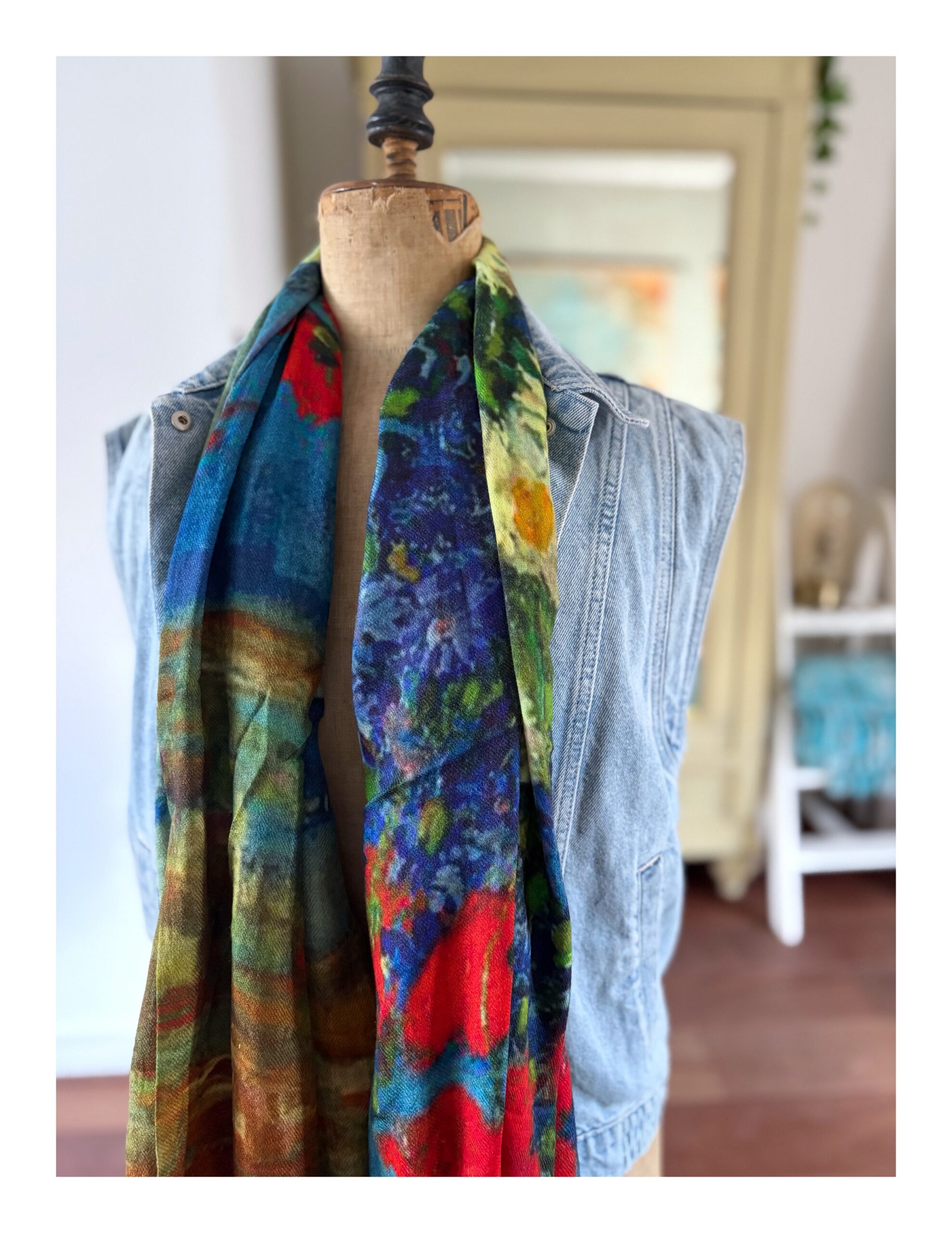 Wol met zijde art sjaal Van Gogh blauw - bloemenstilleven met klaprozen